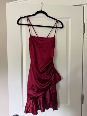 Emerald Sundae Burgundy Satin Midi Dress with Ruching